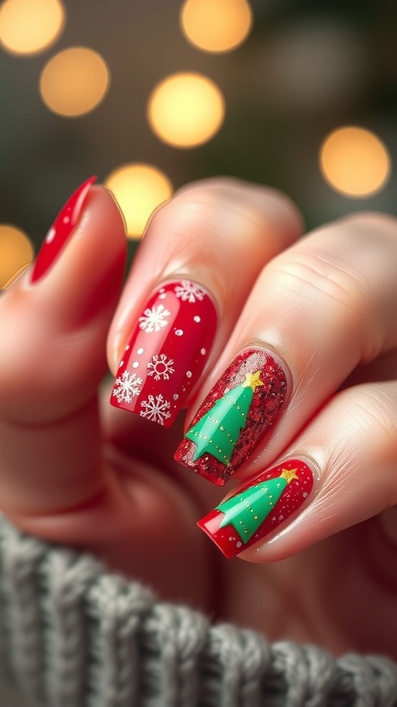 Short gel nails with Christmas designs in red and green, featuring snowflakes and glitter, against a holiday-themed background.